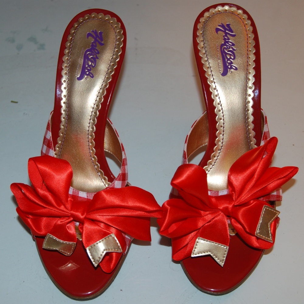 Hale Bob Red Check Print Peep Toe Mule Sandal - image 1